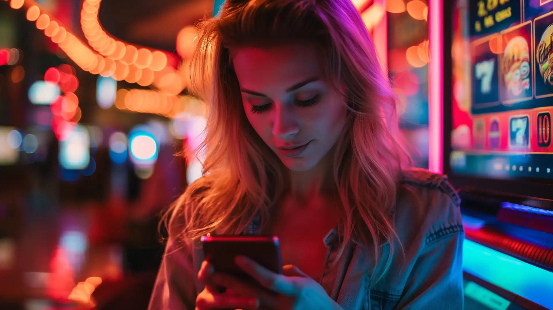 Девушка со смартфоном возле игрового автомата
